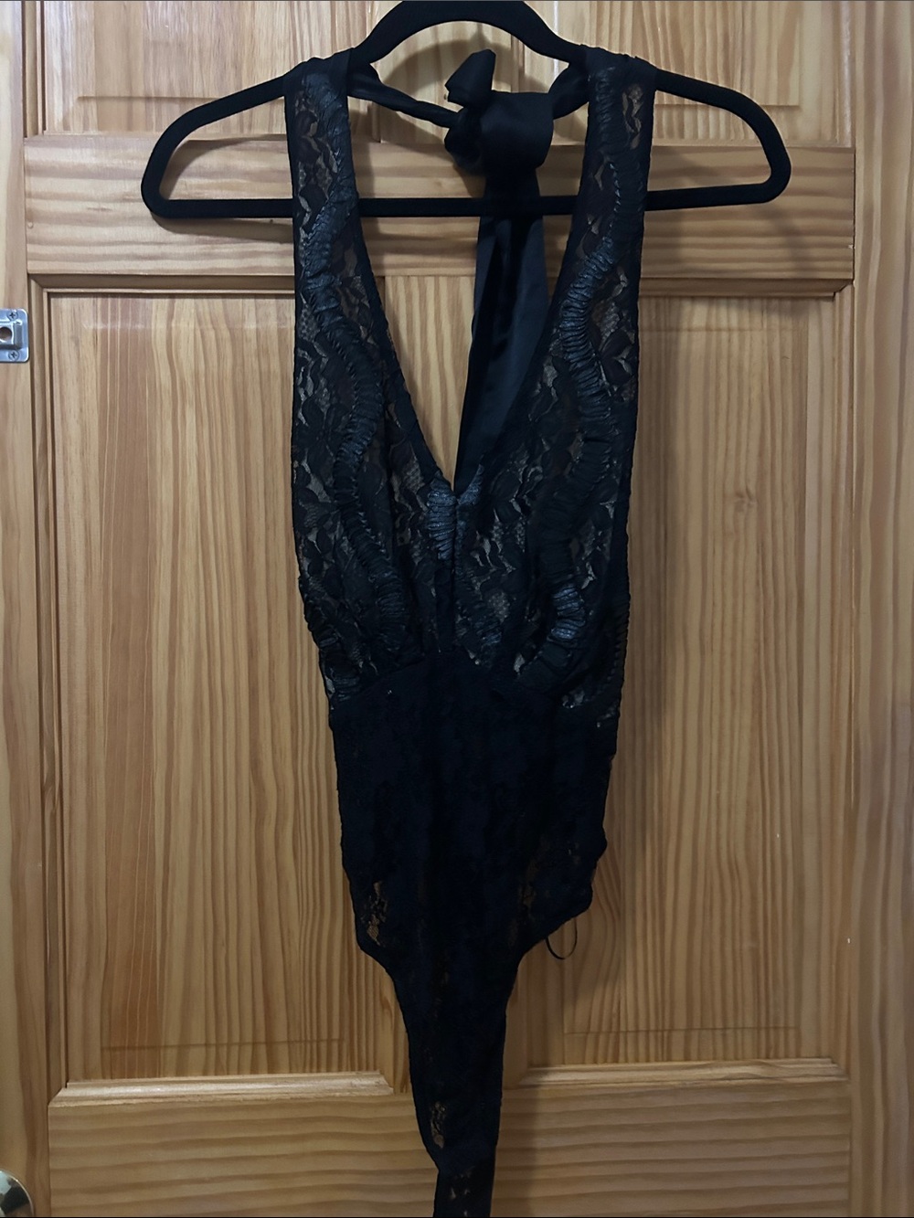 Black Lace Deep-V Halter Bodysuit